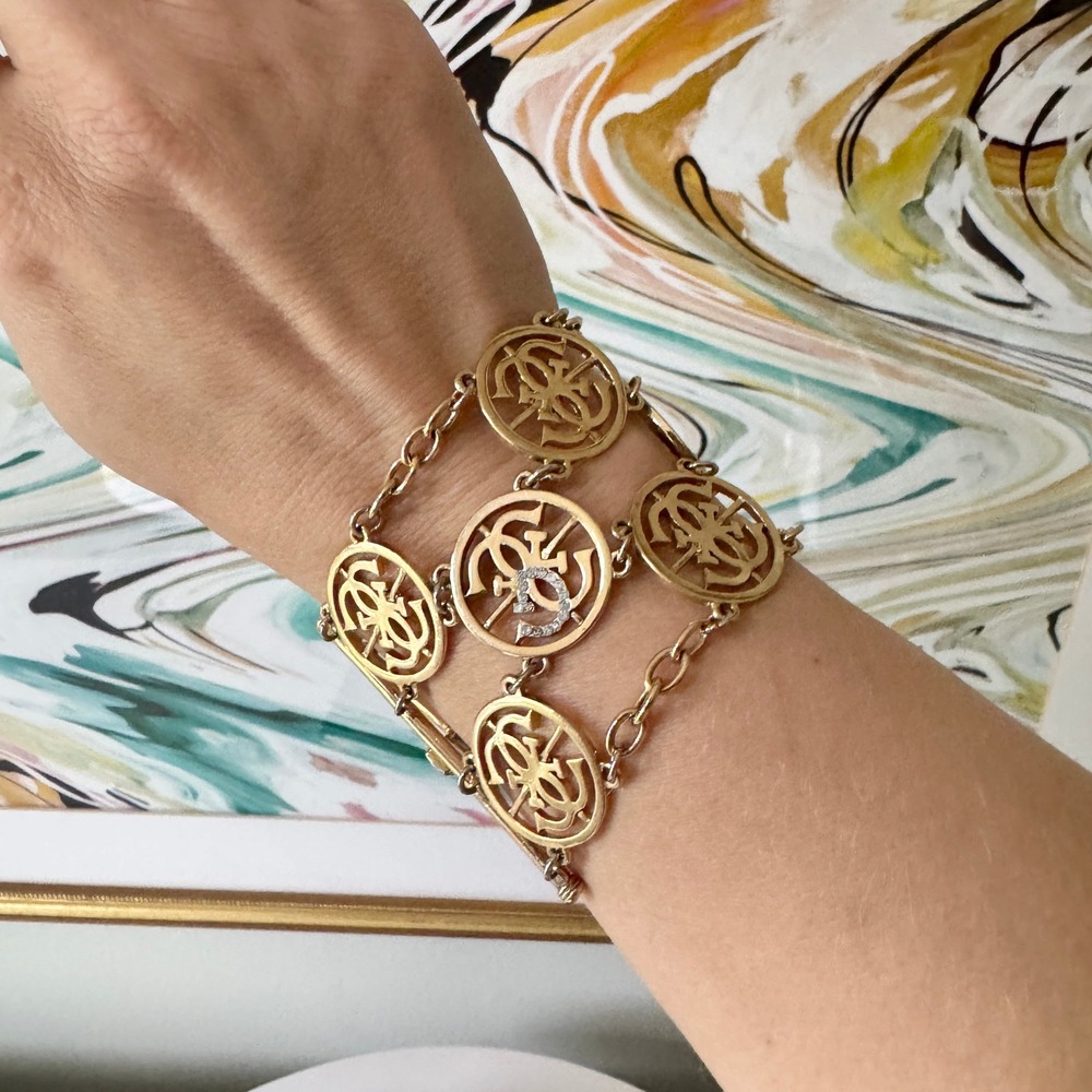 Vintage Guess Logo Wide Chain Link Statement Bracelet Gold Rhinestones Y2K - Picture 3 of 6